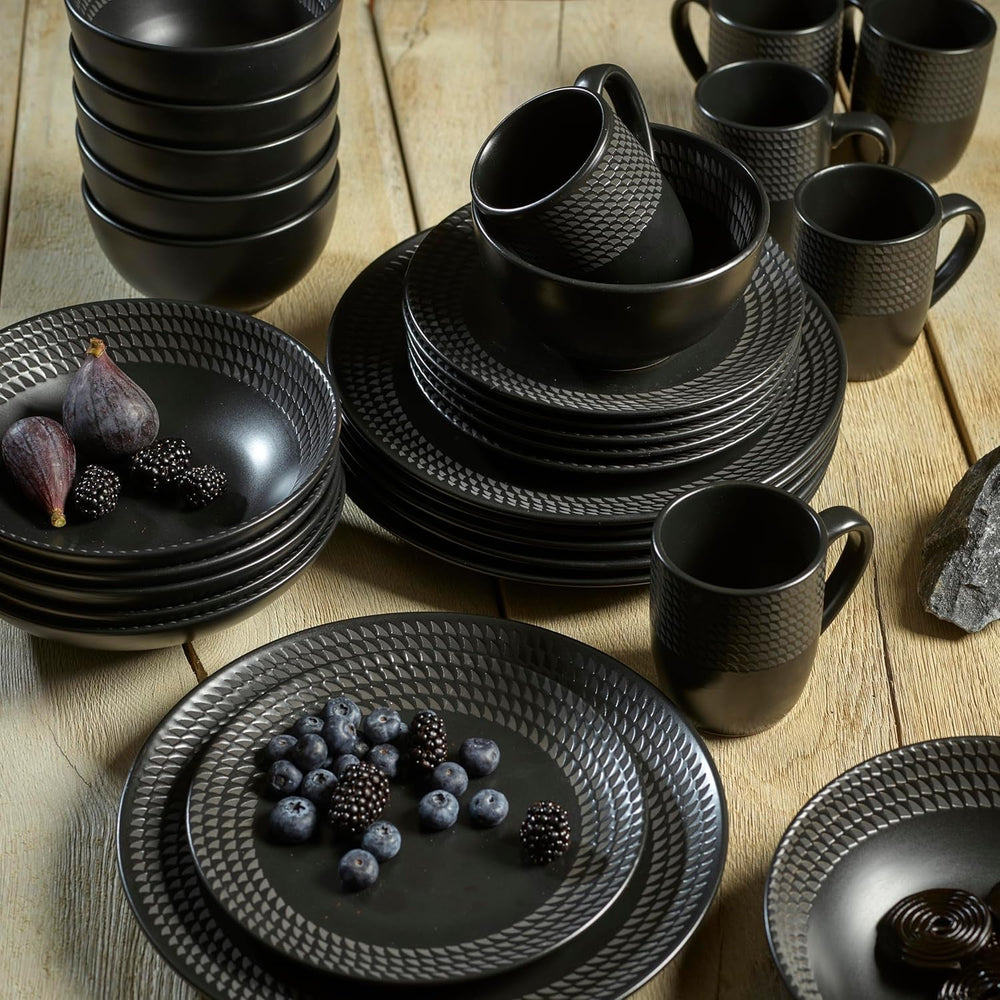 ECHTWERK 30-Teiliges Vintage Kombiservice "Blackstyle" Modern-Design, Für 6 Personen, Geschirrset Aus Steingut Mit 6 X Speiseteller, 6 X Beilagenteller, 6 X Schüssel, 6 X Teetassen, 6 X Suppenteller Tableware Sets Naty Shop