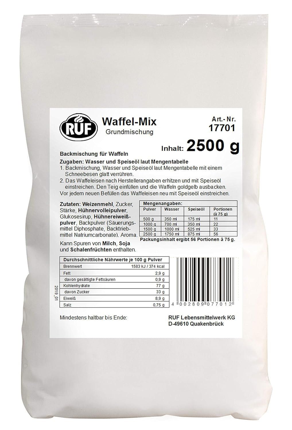 RUF Waffel-Mix, Großpackung, Grundmischung Zur Herstellung Von Waffeln Im Waffeleisen, Für Großküchen, Kantinen, Hotels Und Restaurants, 1 X 2500G Mix zum Backen und Kochen Naty Shop Wafelteig Single