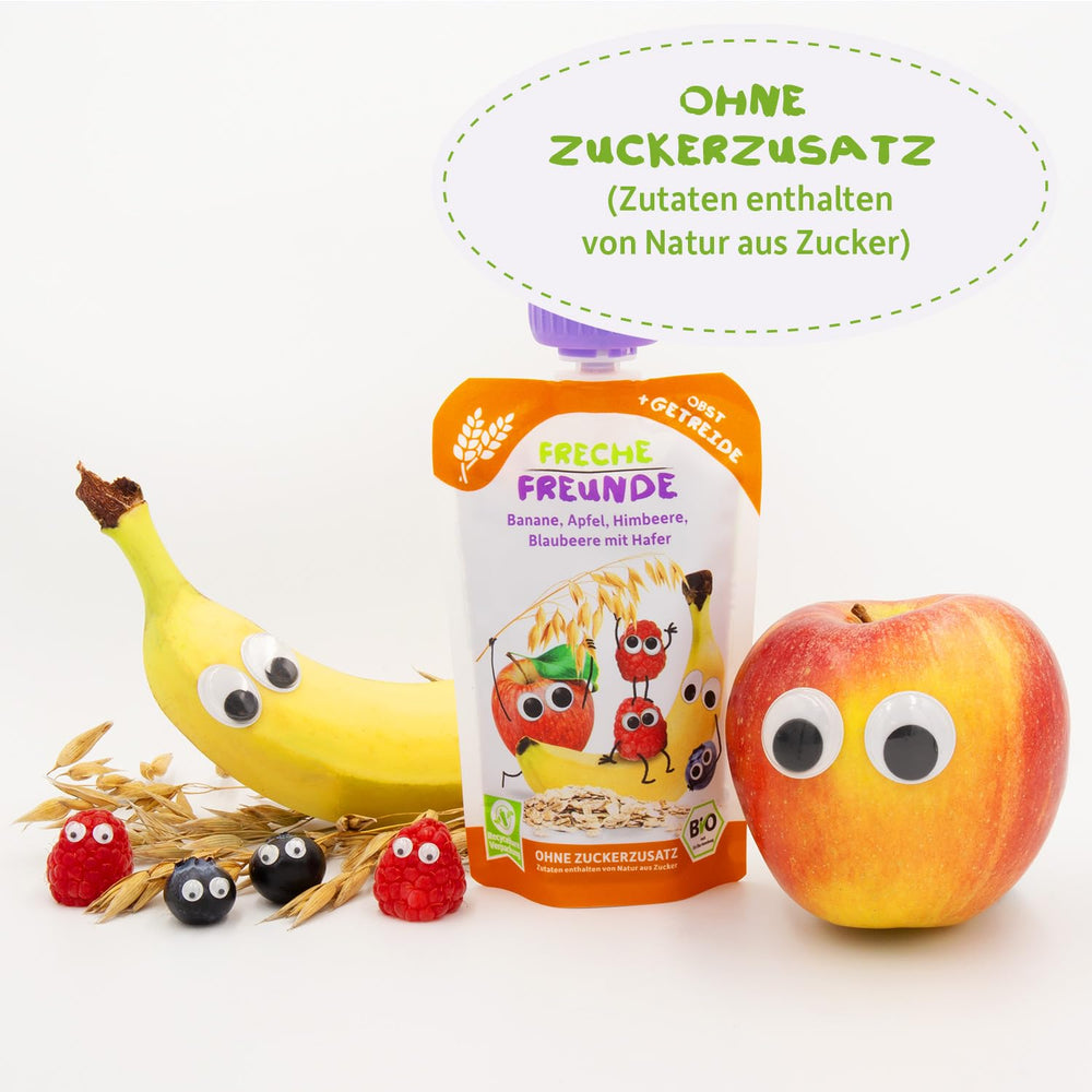 FRECHE FREUNDE Bio-Früchtebeutel Banane, Apfel, Himbeere, Heidelbeere mit Hafer, Fruchtpüree mit Müsli im Quetschbeutel für Babys ab 6 Monaten, vegan, 6er Pack (6 x 100 g)