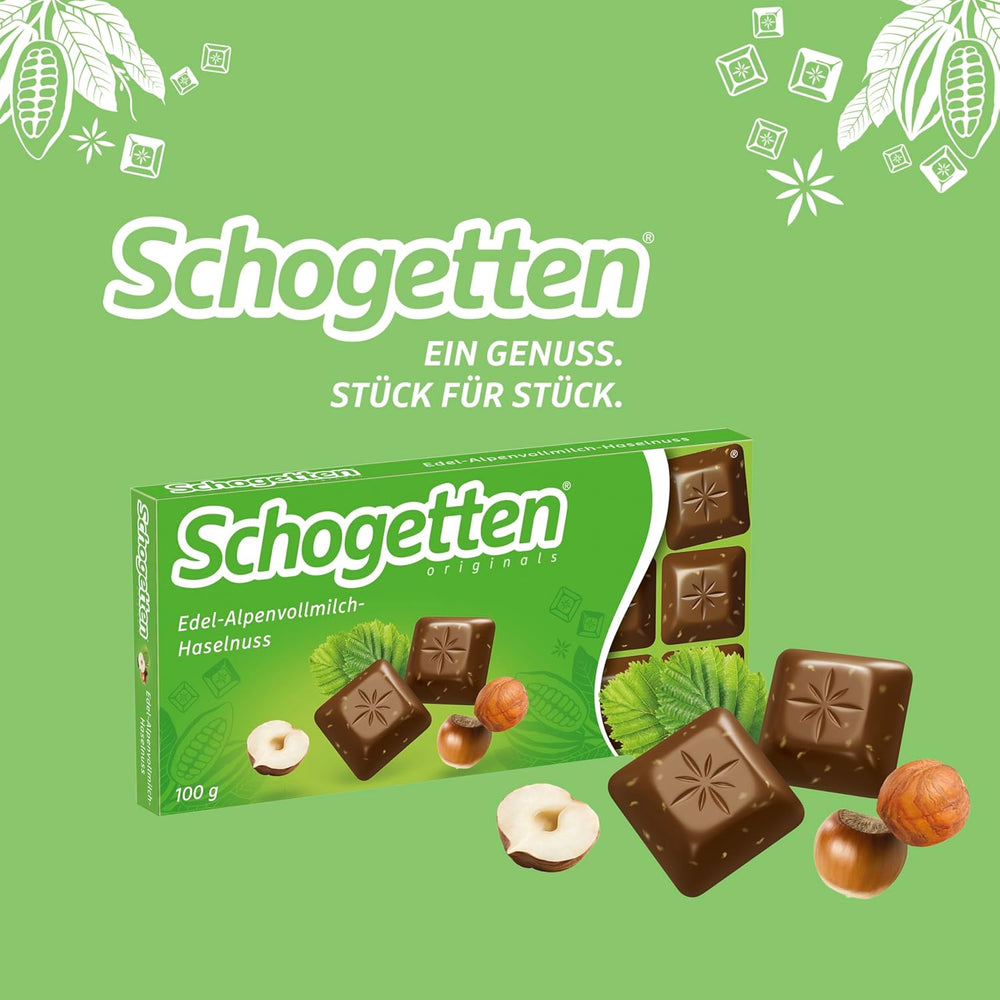 Schogetten Premium Alpenmilch Schokolade mit Haselnüssen, 100g Tafelschokolade, einzeln portioniert. Eine Freude. Stück für Stück.