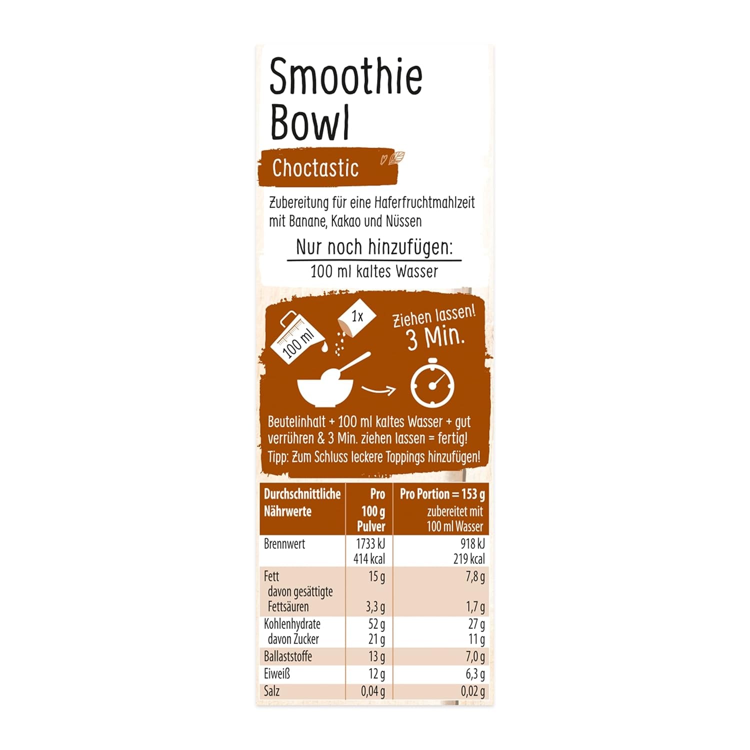 RUF Smoothie Bowl Hafer, Banane, Nüsse, Schokolade, Frühstückssnack, schnell und einfach, vegan, 1 Beutel x 50 g (3er-Pack)