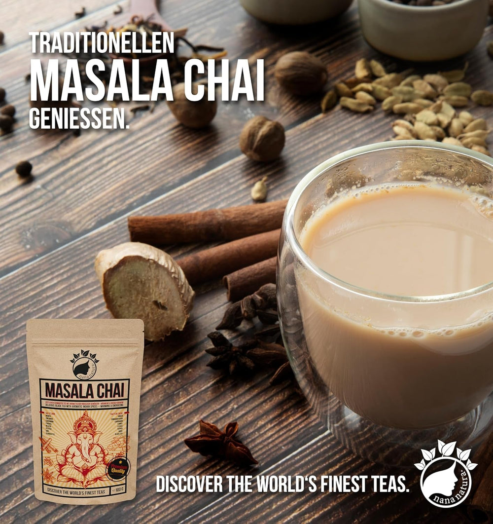 Nananatura'S MASALA CHAI TEE 100G | Perfect pentru ceai chai, chai latte cu lapte sau chai rece | 100% natural | Ceai negru delicios cu condimente indiene aromate | Încălzitor și energizant
