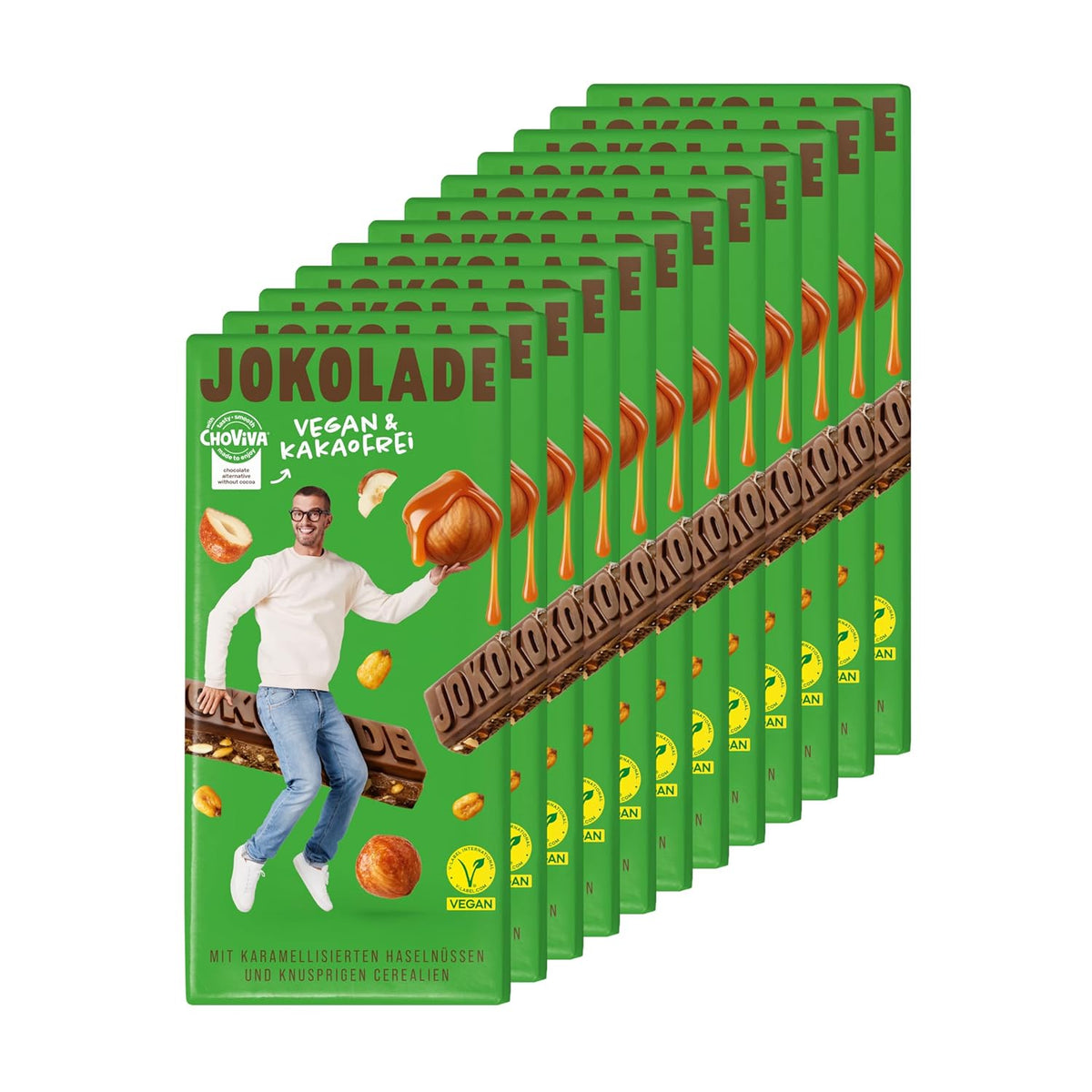JOKOLADE 12 Riegel x 140g Sparpaket | Mit karamellisierten Erdnüssen und knusprigen Cerealien | Vegan und kakaofrei