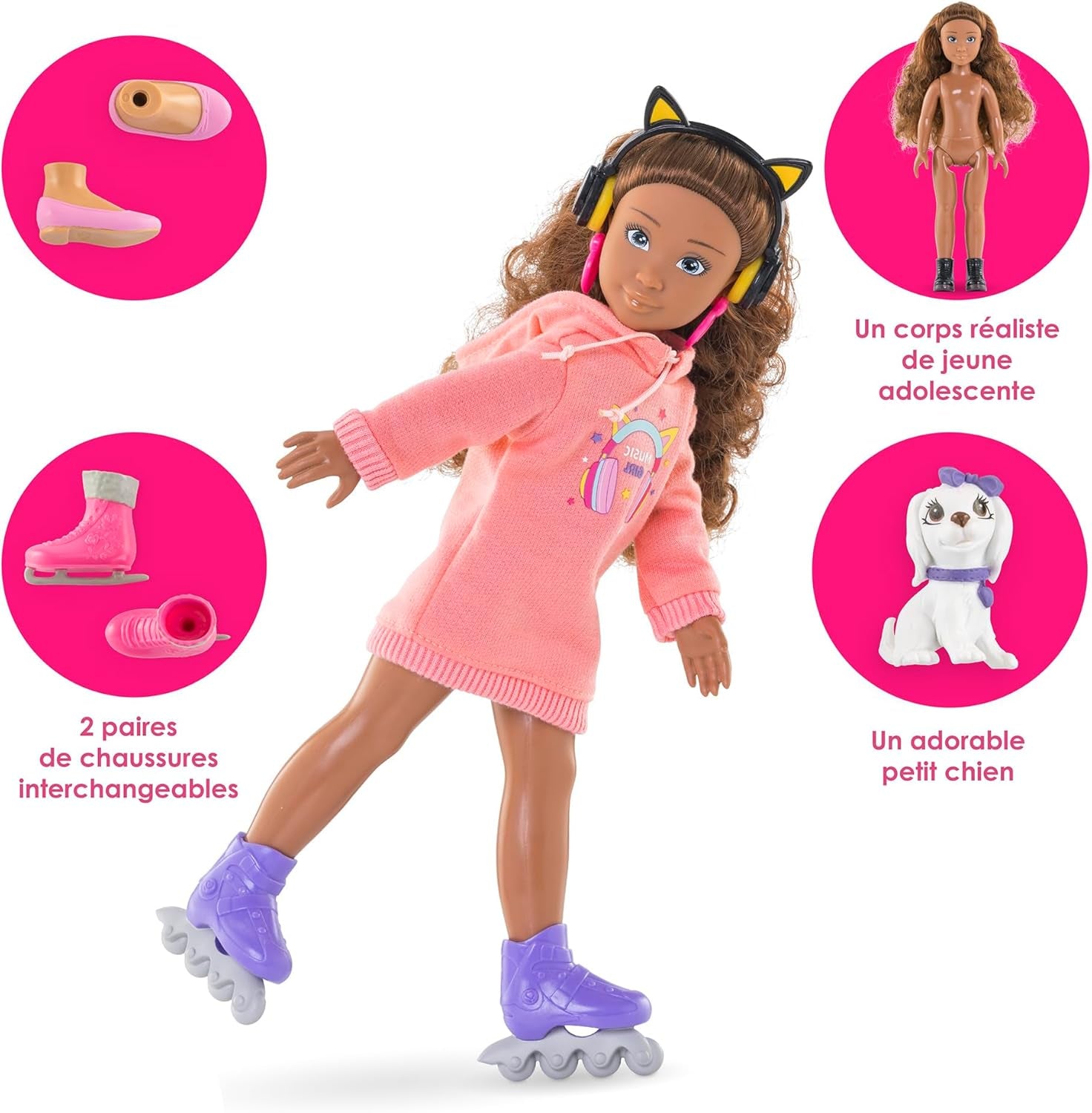 Corolle Girls Melody Music und Fashion Set, Knöchelpuppe im coolen Hoodiekleid mit Hund, trendige Kopfhörer, Ohrringe und extra Inlineskates, Vanilleduft, 28cm, ab 4 Jahre