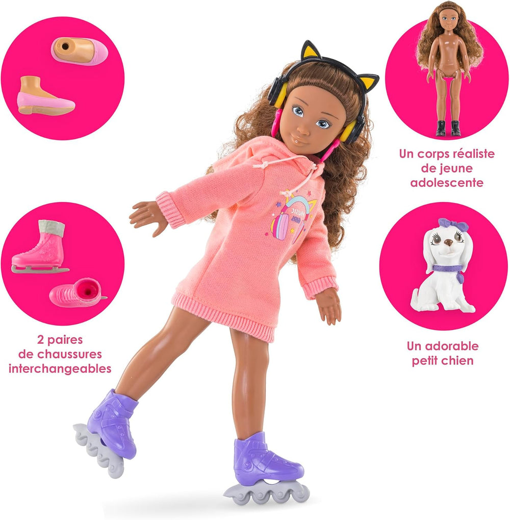 Corolle Girls Melody Music und Fashion Set, Knöchelpuppe im coolen Hoodiekleid mit Hund, trendige Kopfhörer, Ohrringe und extra Inlineskates, Vanilleduft, 28cm, ab 4 Jahre
