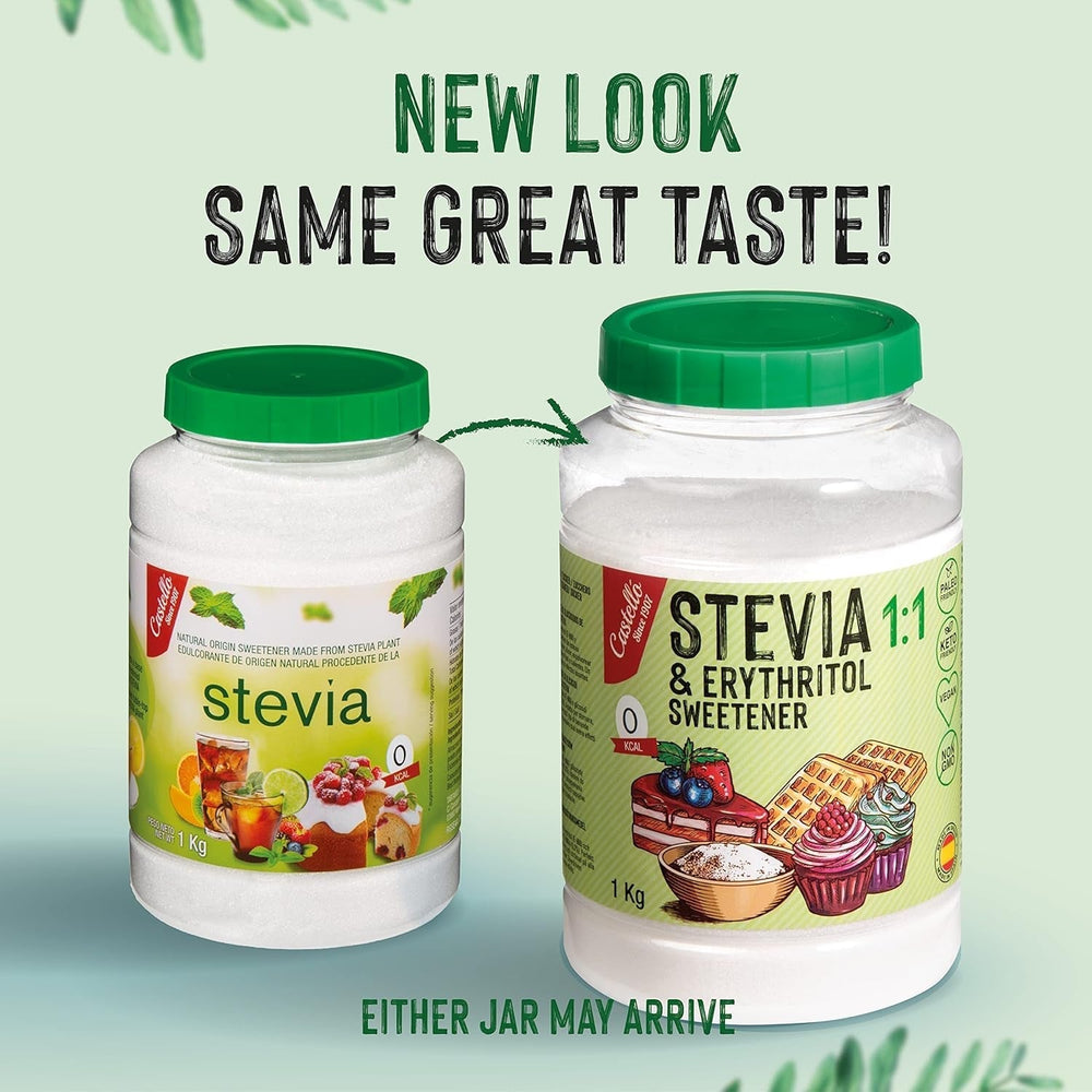 Stevia + Erythritol 1:1 Süßstoff | 1G = 1G Zucker | 100 % natürlicher Zuckerersatz – 0 Kalorien – 0 glykämischer Index – Keto und Paleo – 0 Netto-Kohlenhydrate – kein GVO – Castello seit 1907 – 1 kg Süßstoffe Naty Shop