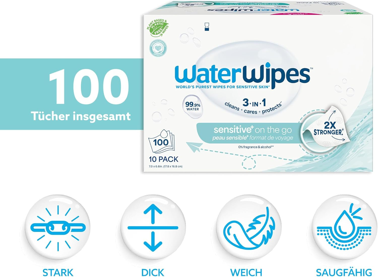 WaterWipes Sensitive+ Feuchttücher für unterwegs, 100 Tücher (10er-Pack), 3-in-1 reinigt, pflegt, schützt, 99,9 % Wasser, parfümfreie Tücher