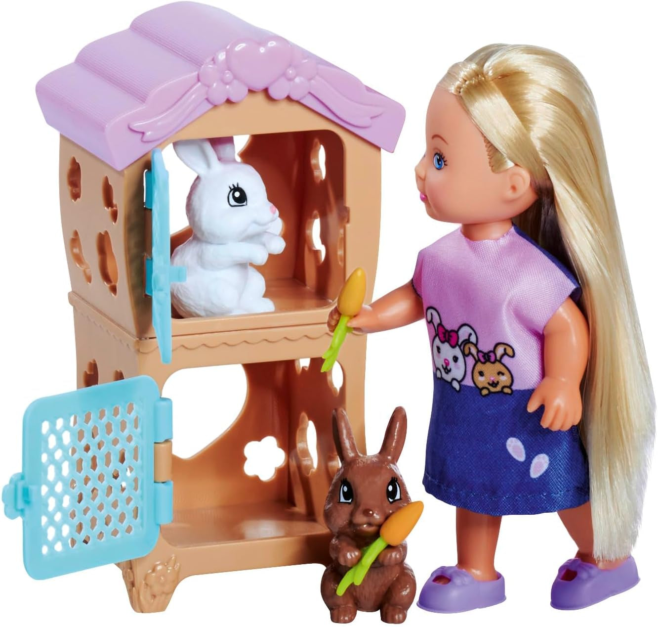 Simba Steffi Love Rabbit Family, păpușă de joacă și păpușă cu cușcă de iepuri și doi iepuri, 12 cm, 29 cm, vârste 3+