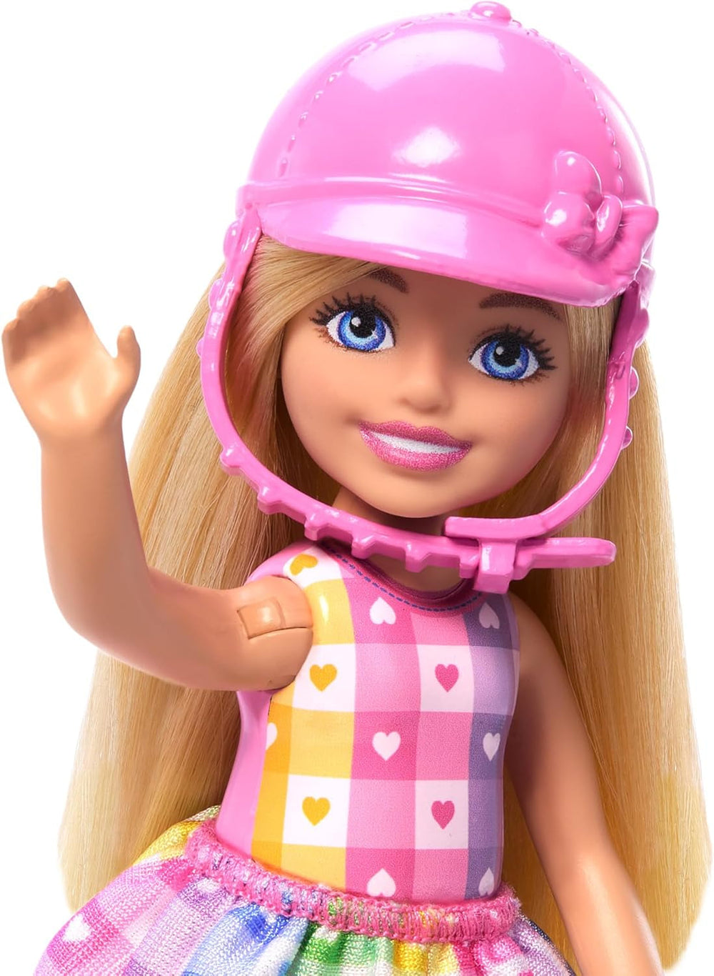 Barbie Chelsea und Pony-Puppe und Ponys – reiten beim Spielen, um sicher auf dem Pferd zu sitzen, rosa Sattel und Stöcke, inklusive Helm und süßem karierten Kleid, ab 3 Jahren, HTK29 Naty Shop-Puppen