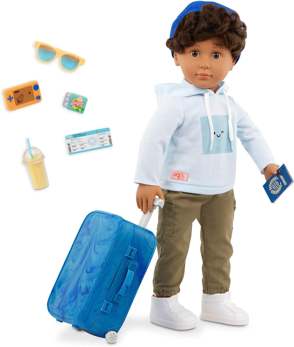 Our Generation – Milo – Păpușă băiat 46 cm – Ochi căprui realiști și păr castaniu creț – Bagaj cu roți și accesorii de călătorie – Joc de simulare – Jucărie pentru copii cu vârsta de 3 ani și peste