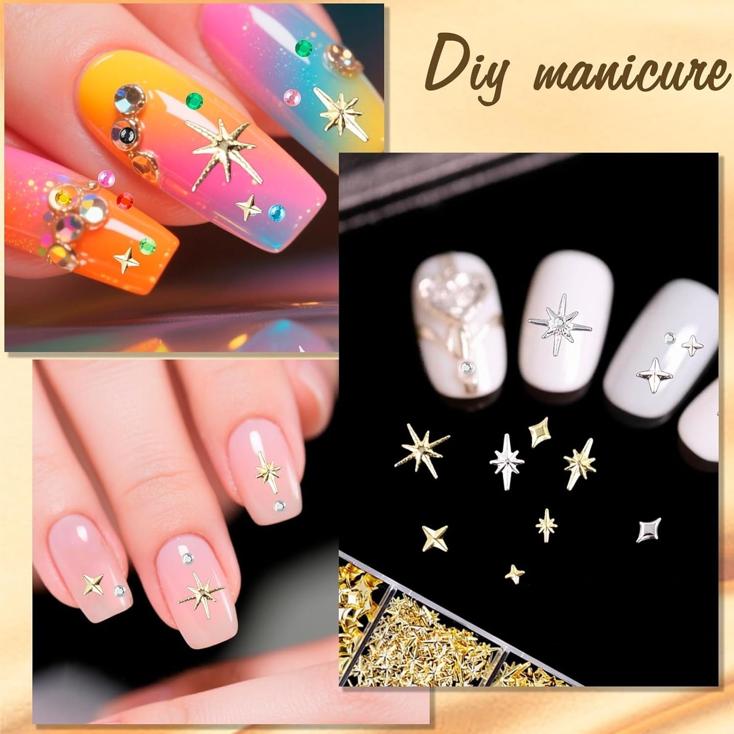 Nail Charms,6 Boxen Gold Silber Nagel Charms 3D Gold Bogen Stern Nail Art Dekoration+6200 Strasssteine Bunt Steine AB Perlen Diamanten,3D Legierung Bow Nail Gems Nagel Deko Für Frauen Nagel (6-A)