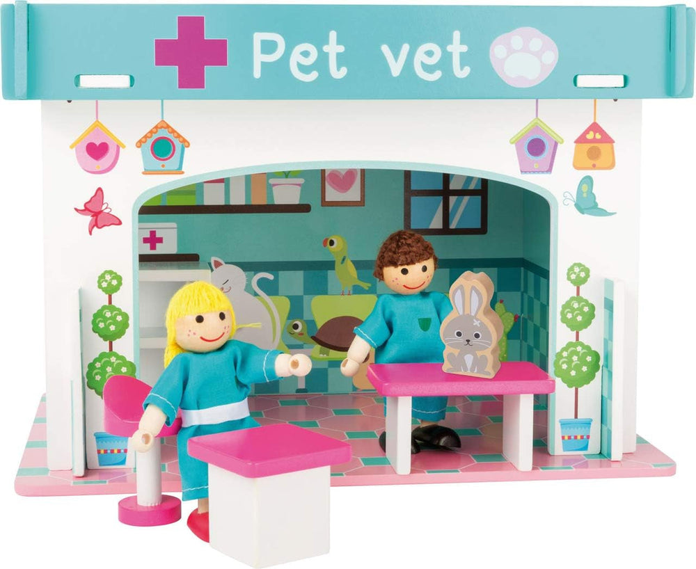 Small Foot 10852 Playhouse Restaurant Fabricat din lemn, Cu 2 figurine pentru păpuși, accesorii și acoperiș detașabil, De la 3 ani Casute de papusi Naty Shop Clinică veterinară