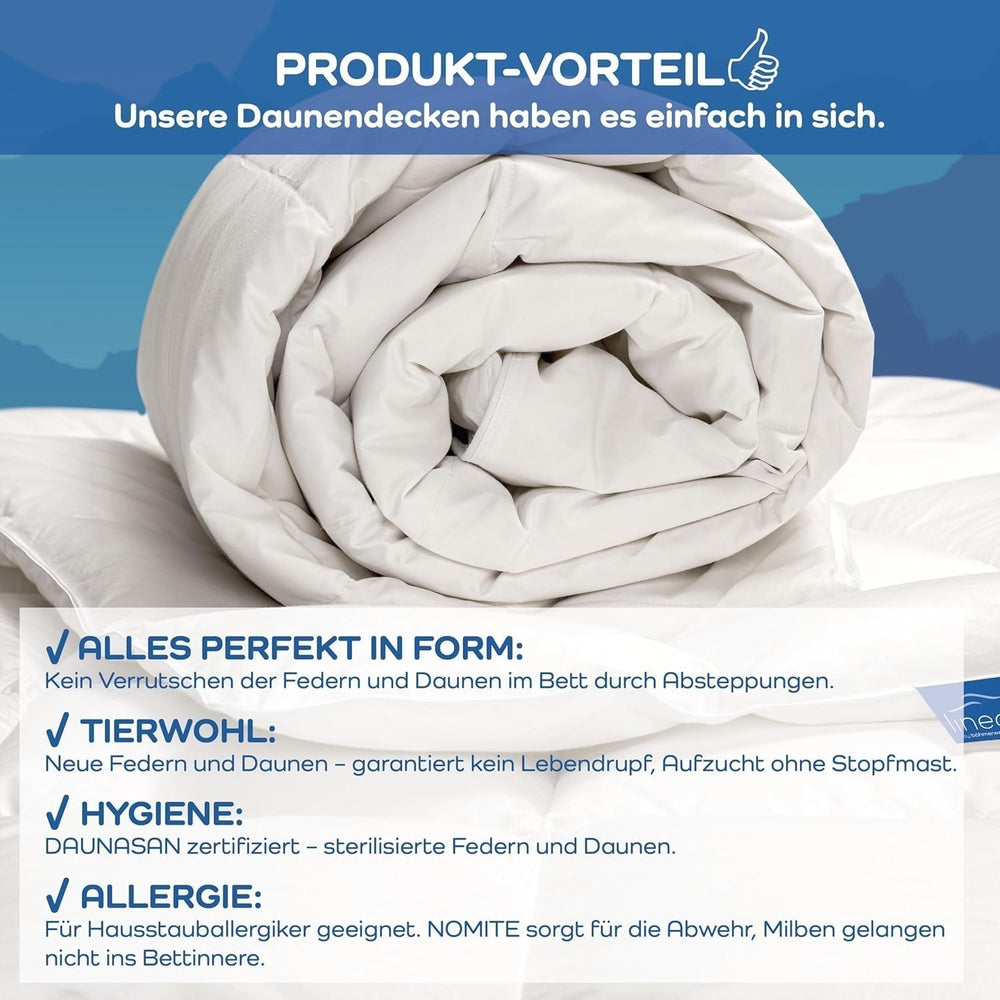 Allnights - Plapumă confortabilă medie, 135X200, 100% pene noi și puf, potrivită pentru alergici, lavabilă până la 60°C, fabricată în Germania, alb Plapumi si pilote Naty Shop