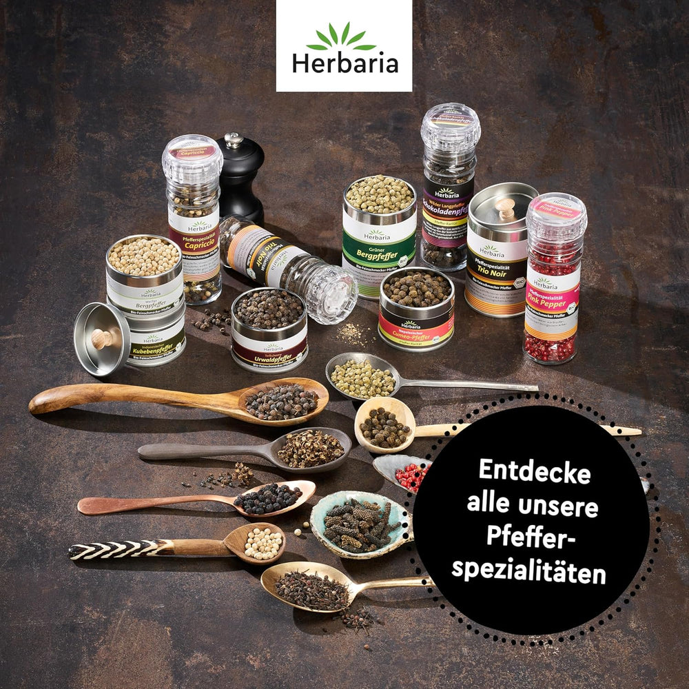 Herbaria Trio Noir bio 75g M-Dose – Bio Pfeffer schwarz ganz – ganze Pfefferbeeren – schwarze Pfeffermischung aus biologischem Anbau von drei verschiedenen Regionen – in nachhaltiger Aromaschutz-Dose