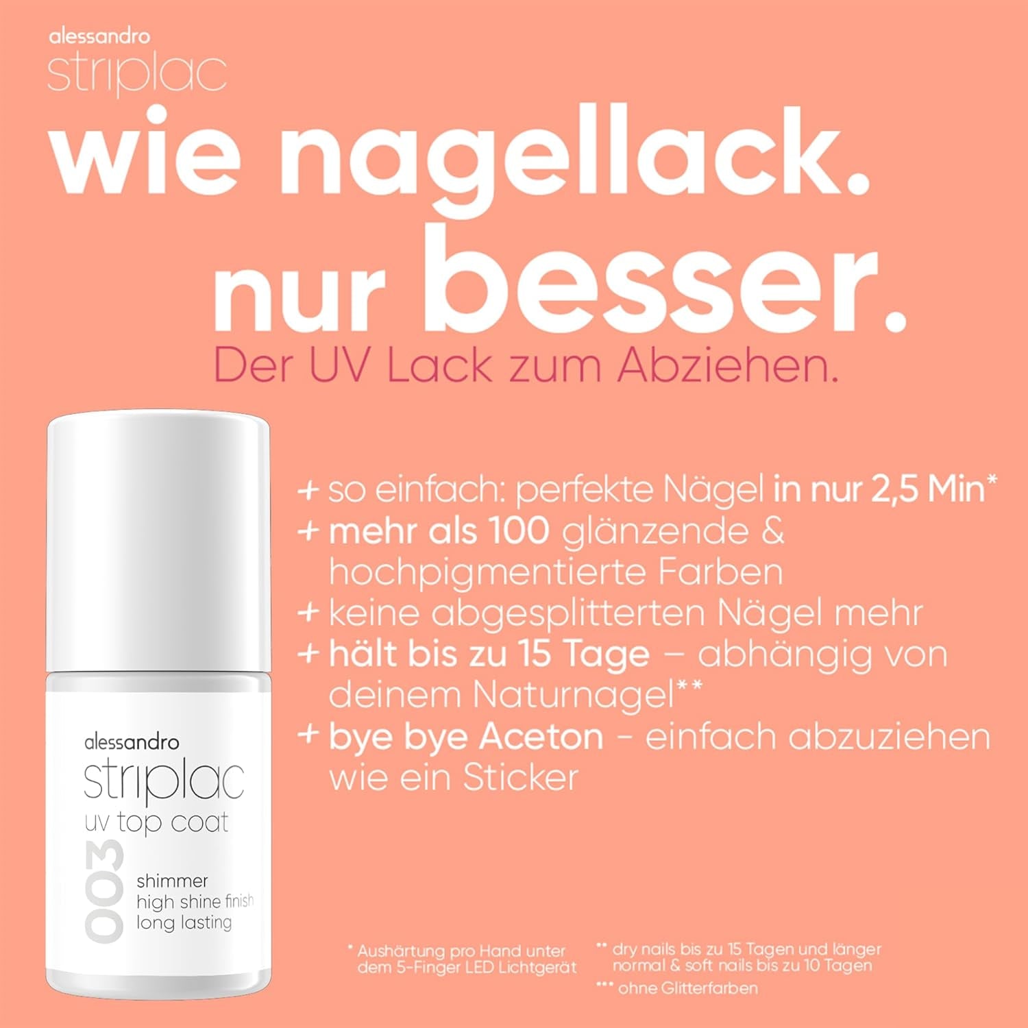 alessandro Striplac UV Top Coat Shimmer – Strahlende, kratzfeste Nägel bis zu 15 Tage – Mit oder ohne Farbstoff verwendbar – Sanfte Entfernungstechnologie – Vegan – Silber, Transparent, 6,5 ml