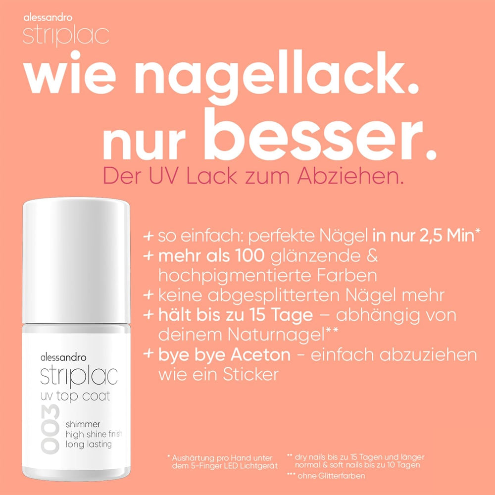 alessandro Striplac UV Top Coat Shimmer – Strahlende, kratzfeste Nägel bis zu 15 Tage – Mit oder ohne Farbstoff verwendbar – Sanfte Entfernungstechnologie – Vegan – Silber, Transparent, 6,5 ml