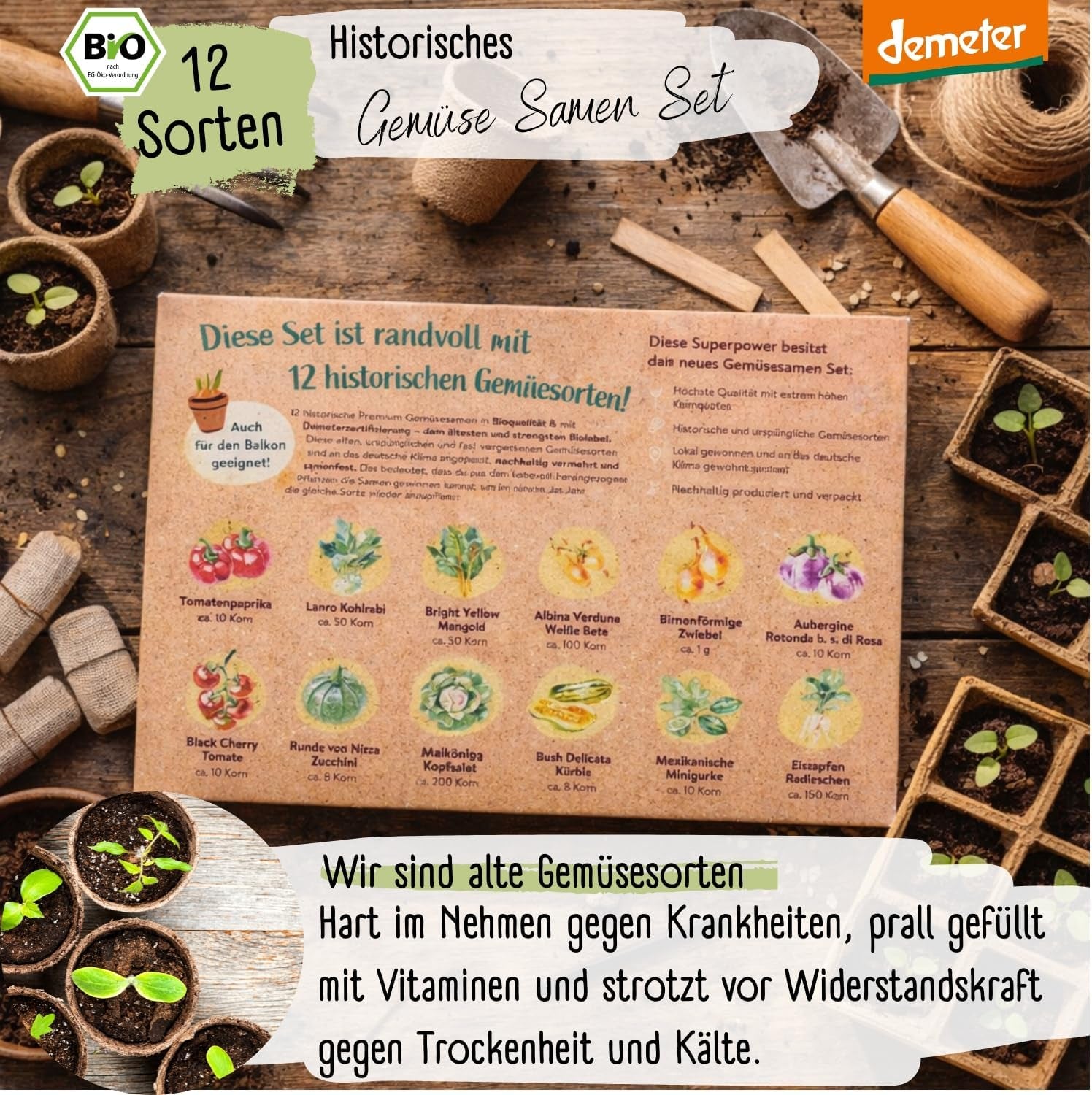 Bio-Gemüsesamen-Set – 12 Sorten Demeter-Gemüsesamen | Seltene und familiäre Gemüsesamen, alle frei bestäubt | Familiengemüsesorten für Balkone, Hochbeete, Gärten und Geschenke | Liebespflanzen