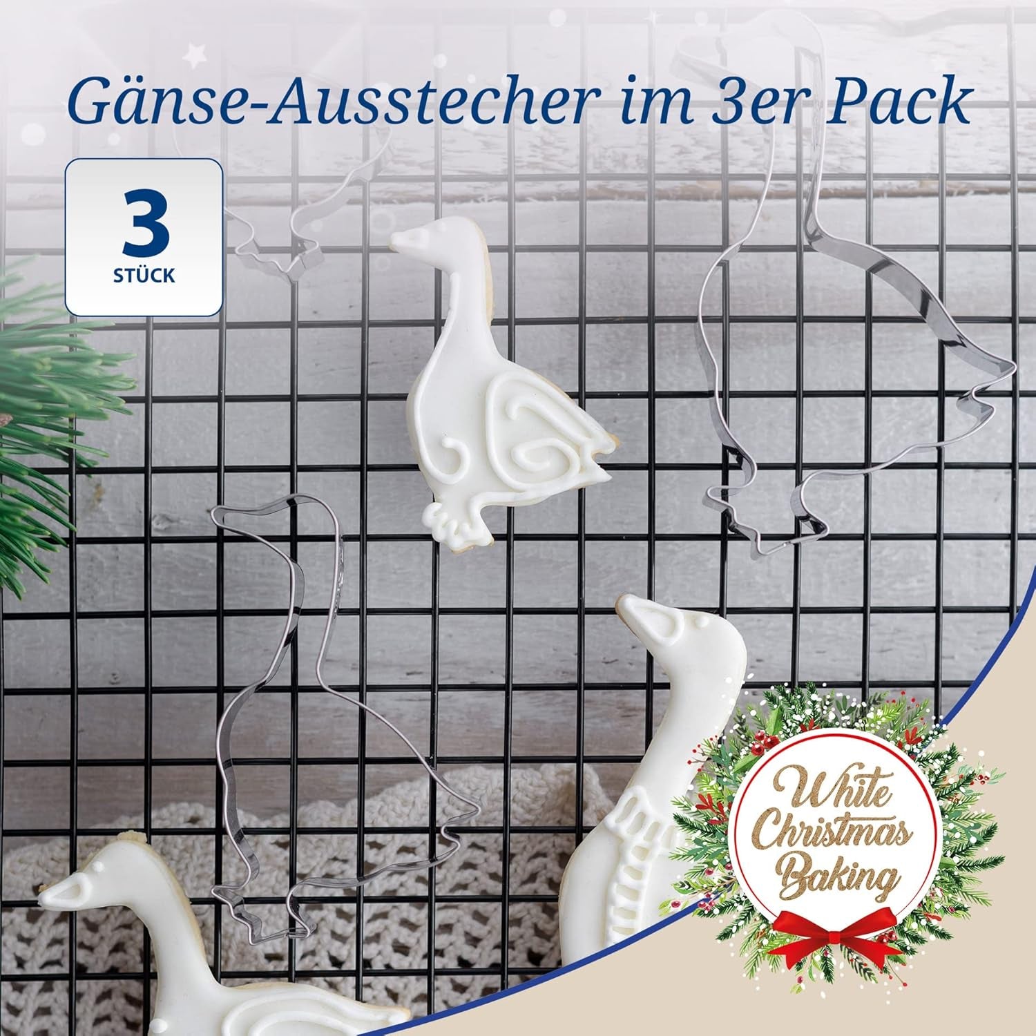 Set de 3 forme de biscuiți Dr. Oetker, model gâscă – Forme de biscuiți, White Christmas Baking – Forme de biscuiți din oțel inoxidabil pentru Crăciun