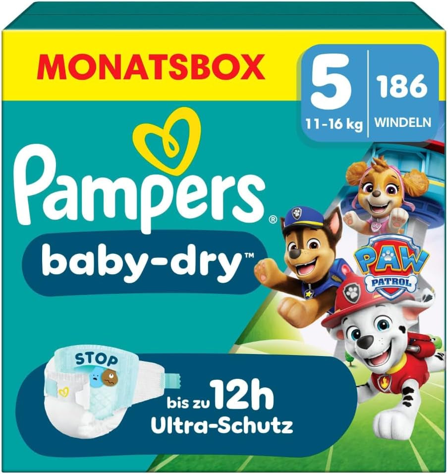 Pampers Baby-Dry Puppy Patrol Edition Windeln, Größe 5, 186 Windeln, 11 kg – 16 kg, bis zu 100 % Auslaufschutz und Komfort die ganze Nacht