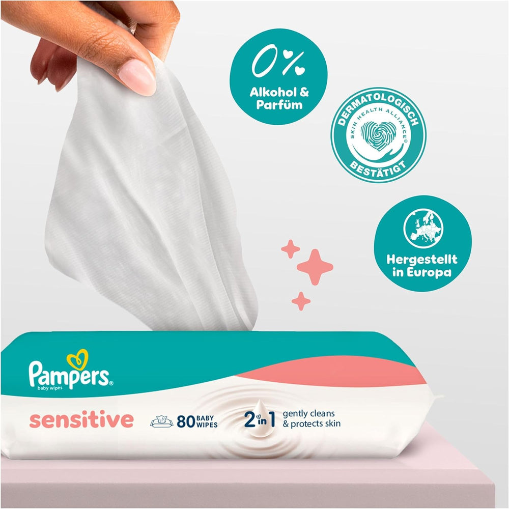 Pampers Sensitive Baby-Feuchttücher, 15er-Pack mit 80 Tüchern, 1200 Baby-Feuchttücher, 2-in-1, sanfte Reinigung und Hautschutz