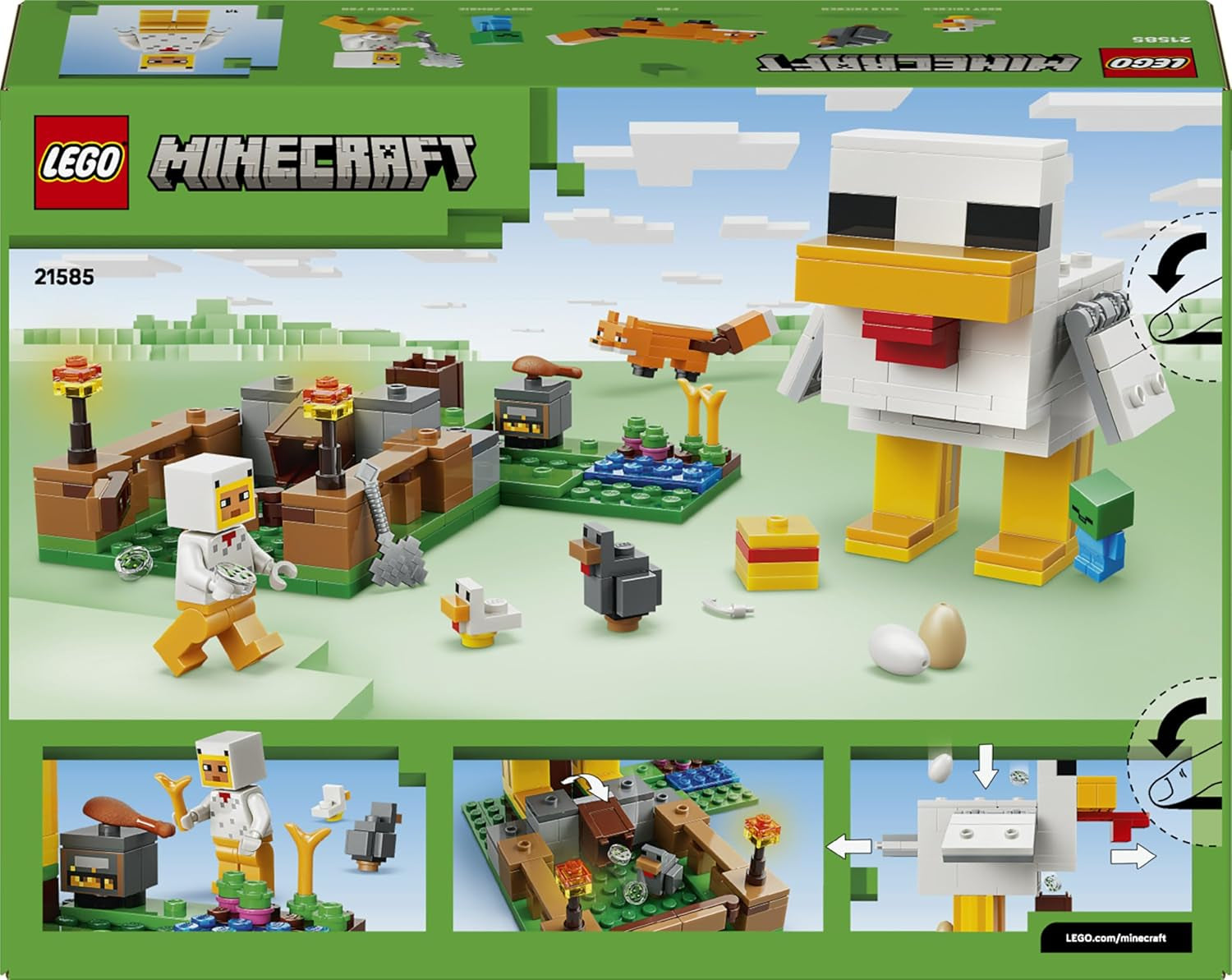LEGO Minecraft Hühnerfarm - Spielzeug zum Bauen mit Hühner Fan Minifigur, Baby Zombie und Fuchs Figuren - Set mit Minecraft Figur - Gamer Geschenk für Jungen und Mädchen ab 7 Jahren - 21585