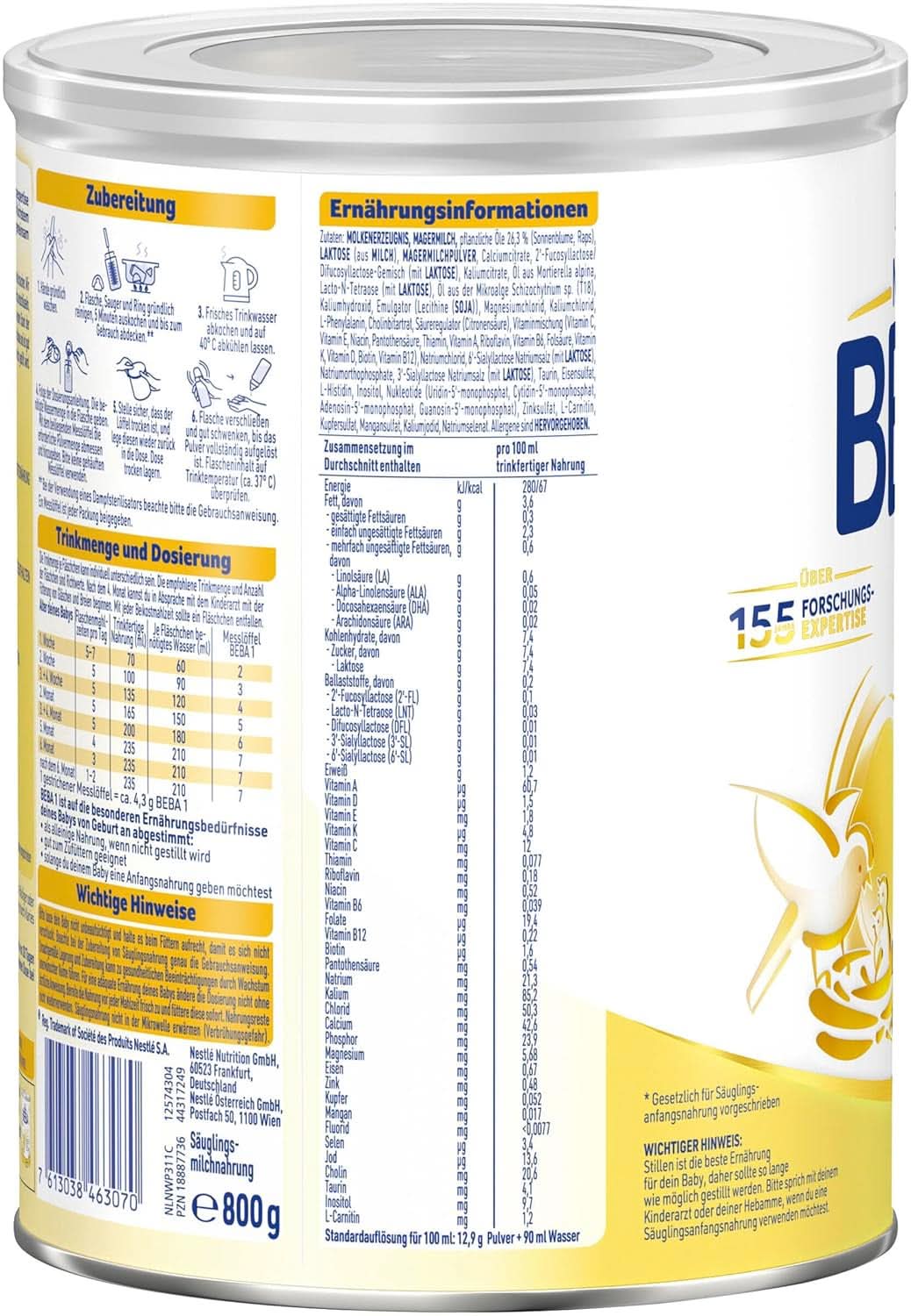 BABY 1 Anfangsmilch ab der Geburt, nur Laktose, ohne Palmöl, Packung 3 (3 x 800 g) Mutter und Kind Naty Shop