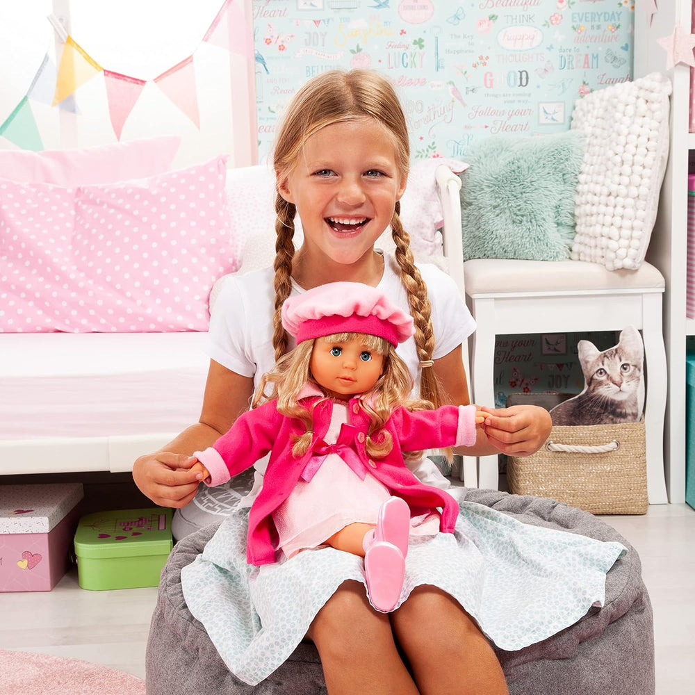 Bayer Design 94635AA Păpușa interactivă funcțională Charlene cu păr și ochi adormiți, vorbește și cântă 90 de fraze, 2 poezii și 8 cântece, 46 cm, roz