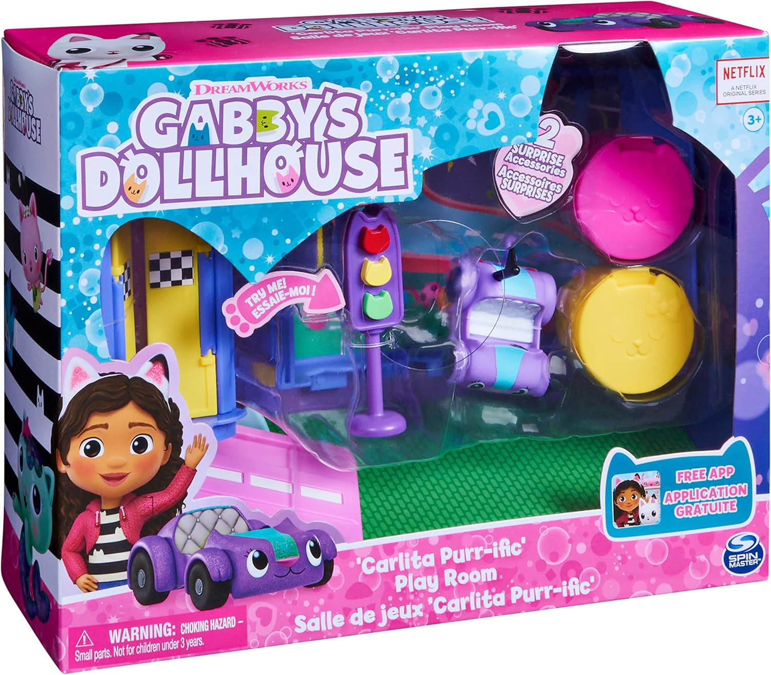 Gabby's Dollhouse Deluxe-Zimmer, Purr-Ific-Spielzimmer, Spielzimmer mit Carlita-Spielzeugauto, 2 Möbelstücken und 2 Überraschungsboxen mit Zubehör, geeignet für Kinder ab 3 Jahren. Naty Shop-Puppenhäuser