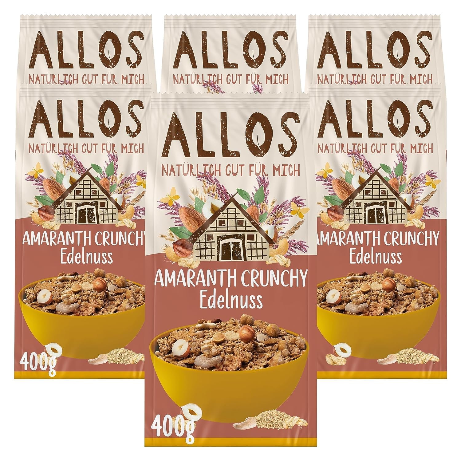 Premium-Knuspermüsli mit Walnüssen und Amaranth Allos | Bio-Müsli | Müsli mit Nüssen | Haferflocken | Müsli zum Frühstück | Vegan | 6er-Pack (6 x 400 g)