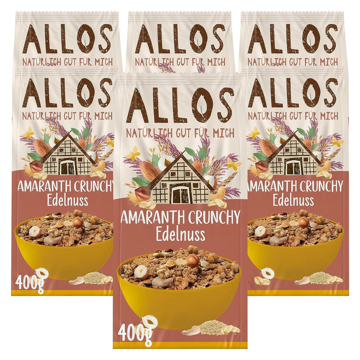 Premium-Knuspermüsli mit Walnüssen und Amaranth Allos | Bio-Müsli | Müsli mit Nüssen | Haferflocken | Müsli zum Frühstück | Vegan | 6er-Pack (6 x 400 g)