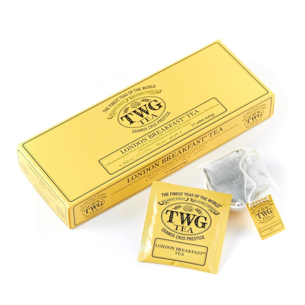TWG Tea | Ceai englezesc pentru micul dejun | Ceai negru | Note florale | 15 pliculețe de ceai cusute manual din bumbac | Set cadou