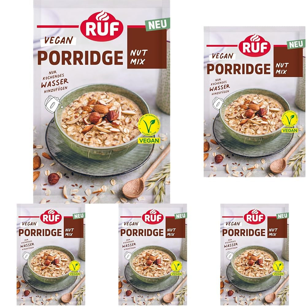 RUF Veganer Porridge mit Nüssen und Hafer, Haferflocken mit Mandeln, Haselnüssen und Leinsamen, einfach zuzubereiten, im praktischen Portionsbeutel, 1 x 60 g