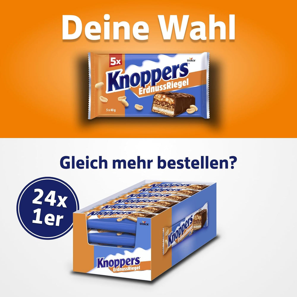 Knoppers Erdnussriegel – 1 x 200 g (5 Riegel) – Milchschokoladenriegel mit Erdnusscreme, gehackten gesalzenen Erdnüssen, Karamell und Milchschokolade
