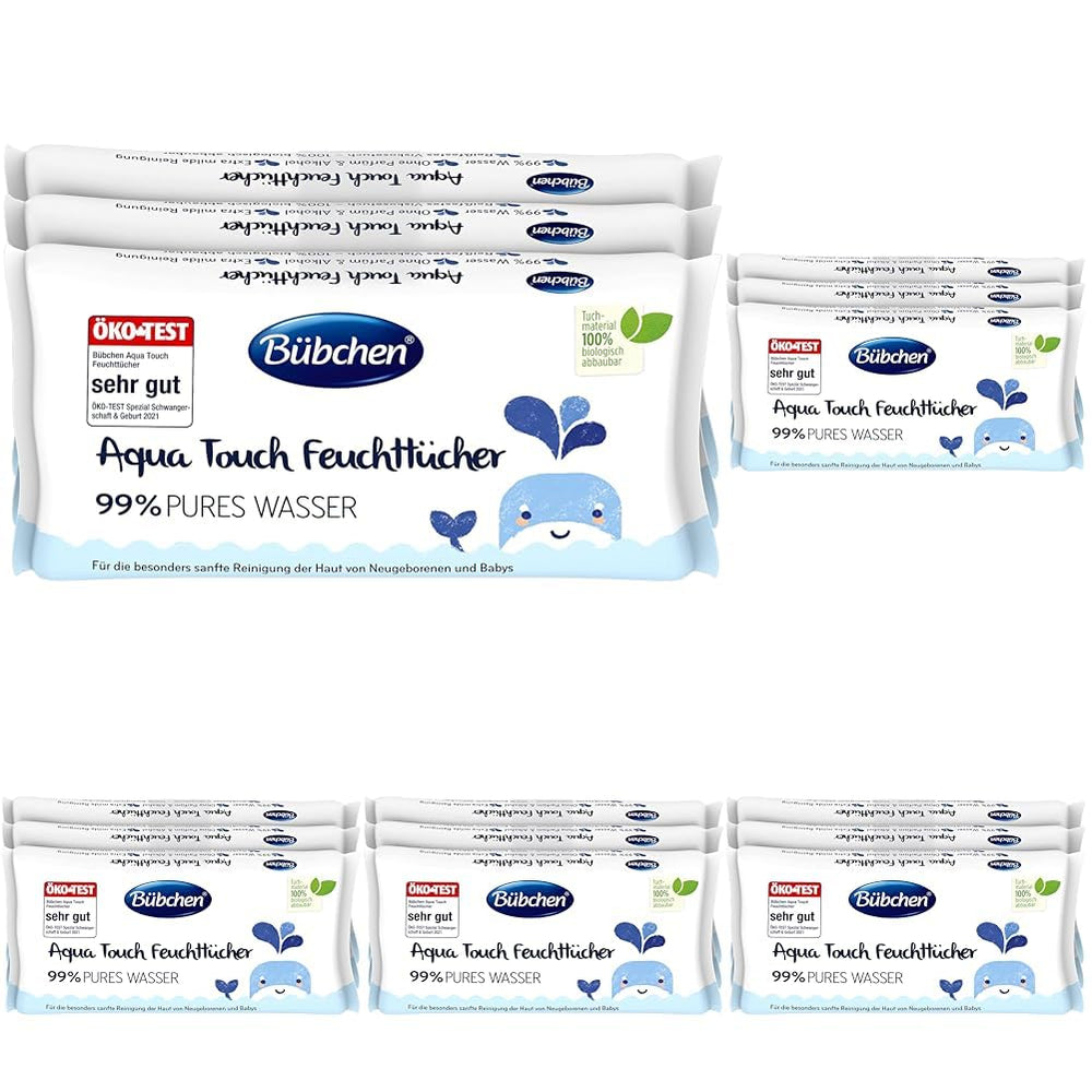Bübchen Aqua Touch Baby Feuchttücher 144 Stück (3 x 48) – Pflegetücher für empfindliche Haut mit 99 % reinem Wasser, Feuchttücher für Neugeborene und Babys