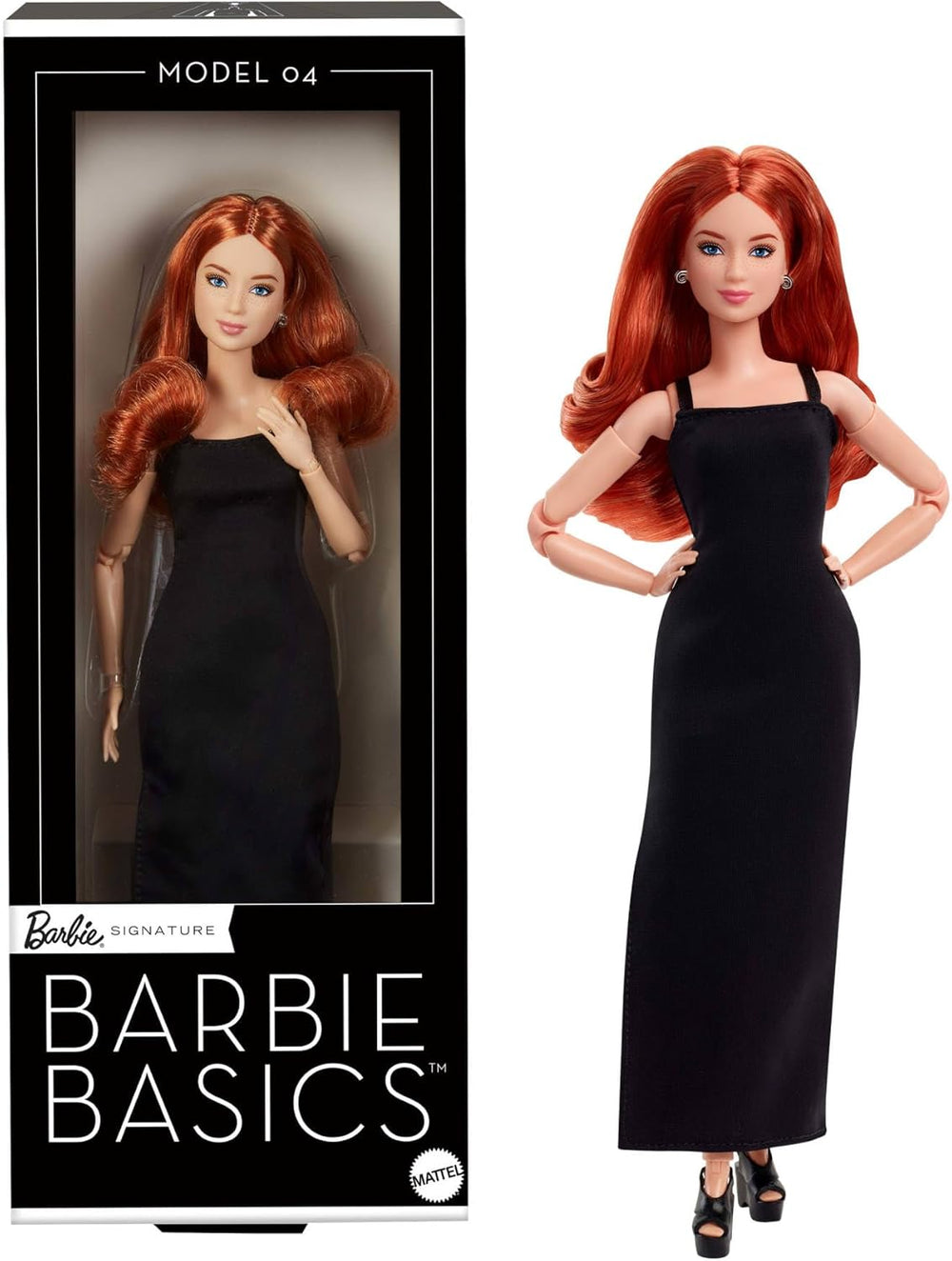 Barbie Basics Model 4, Păpușă de colecție cu bucle roșii, rochie mini neagră și cizme, modă cu potrivire universală, corp mic articulat și cap interschimbabil, JBH74