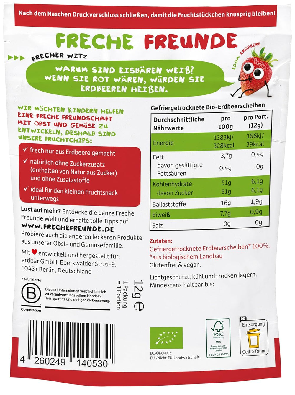 FRECHE FREUNDE Bio-Erdbeer-Fruchtchips, gefriergetrocknete Fruchtchips, natürliche geschnittene Trockenfrüchte ohne Zuckerzusatz, vegan, laktosefrei, glutenfrei, 12er-Pack (12 x 12 g)