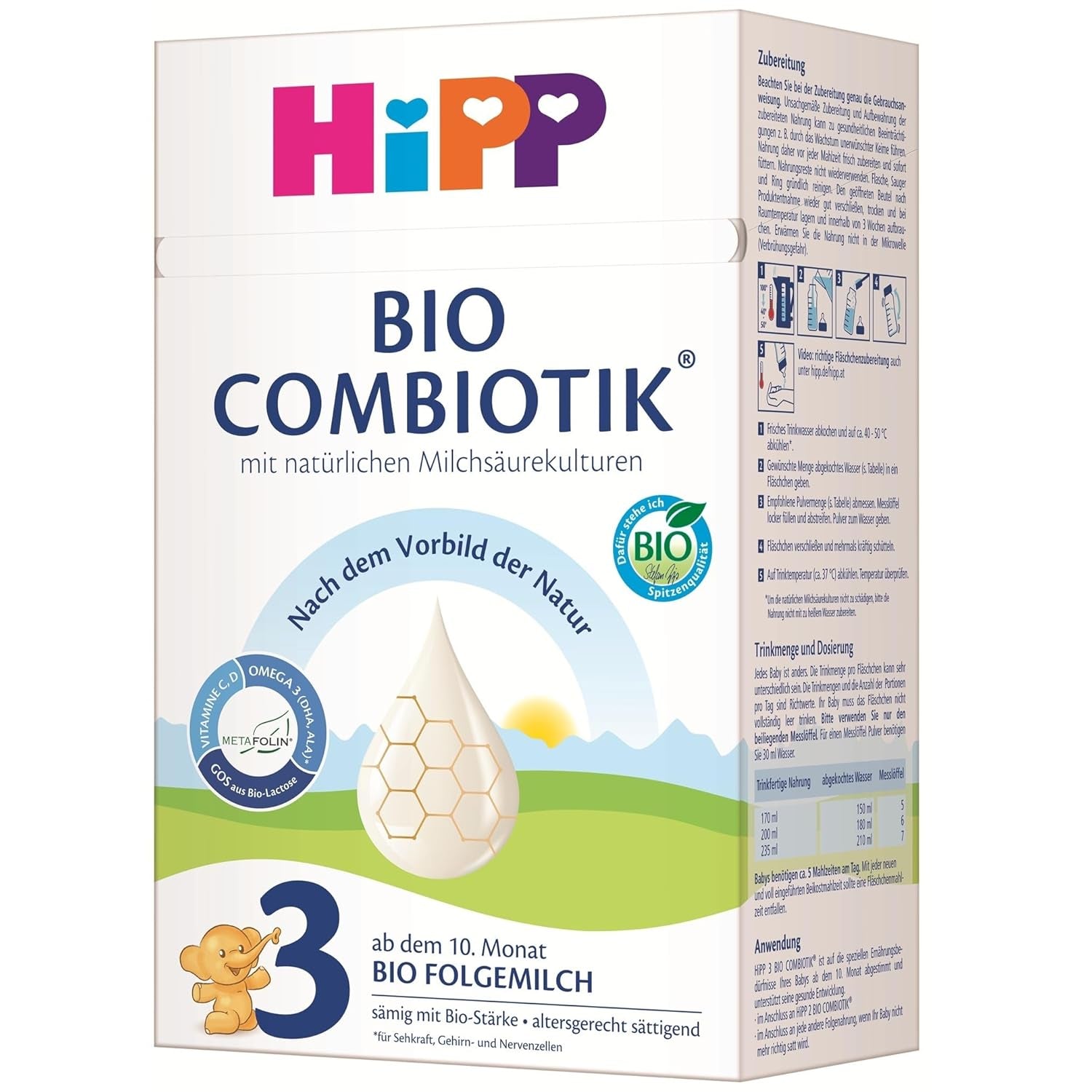 HiPP 3 Bio Combiotik (4 x 600g), Folgemilch ab 10 Monaten, mit natürlichen Milchsäurekulturen, Vitamin C und D, GOS, Omega-3 (DHA, ALA), in bester Bio-Qualität