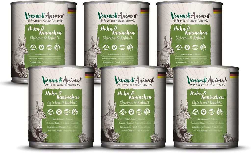 Venandi Animal Premium Hrană umedă pentru pisici, Tasting Pack III, pui, curcan, vită, pui + iepure, vițel, curcan, 6 X 200 G, fără cereale și naturală, 1.2 Kg