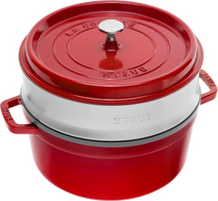 STAUB Gusseisen Bräter/Cocotte, Mit Dämpfeinsatz Aus Edelstahl, Rund 26 Cm, 5,2 L, Aromaregen Funktion Für Optimale Befeuchtung, Für Alle Herdarten Inkl. Induktion & Backofen, Kirschrot, Rot Formen und Backbleche Naty Shop Rot