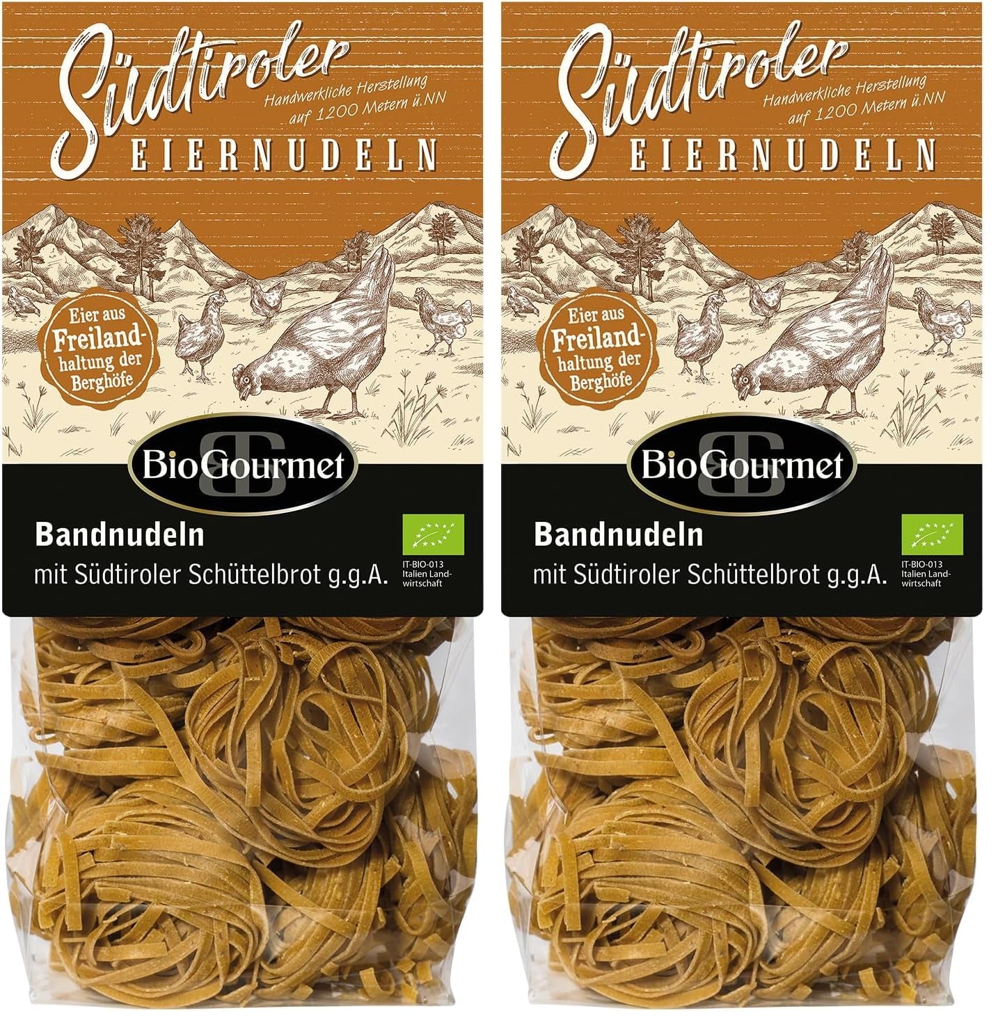 BioGourmet Bandnudeln mit Schüttelbrot aus Südtirol (g.g.A.) | Gesalzene und aromatisierte Eiernudeln mit echtem Südtiroler Speck | 1 x 250g Bio