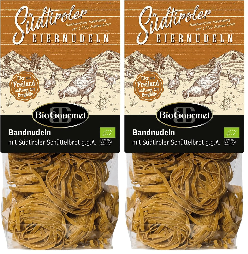 BioGourmet Bandnudeln mit Schüttelbrot aus Südtirol (g.g.A.) | Gesalzene und aromatisierte Eiernudeln mit echtem Südtiroler Speck | 1 x 250g Bio