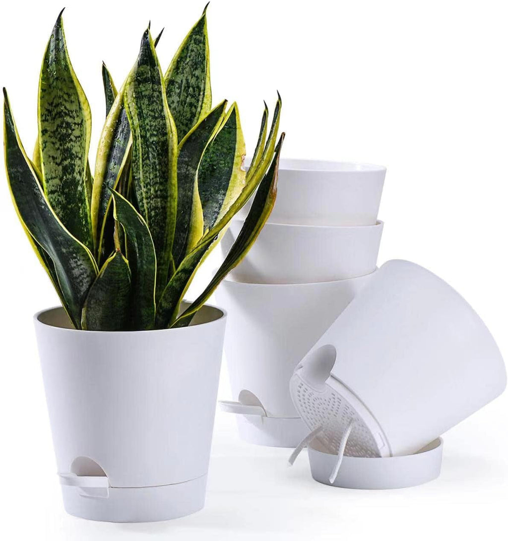 Ghivece de flori, 6 bucăți, 12,7 cm, jardiniere cu auto-udare, drenaj ridicat, ghivece de flori pentru interior și exterior, cu tavă rezervor și margine de udare, jardinieră de grădină, grădină