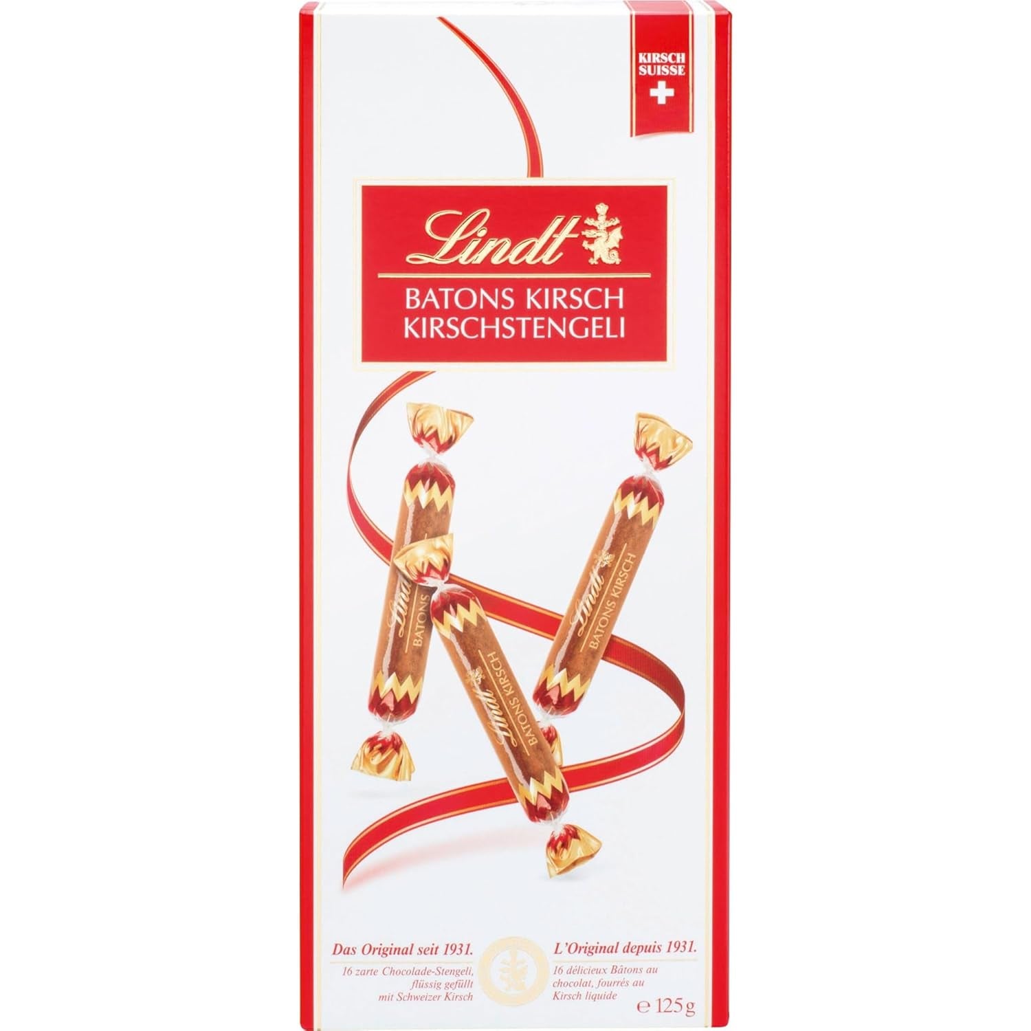 Lindt Schokoriegel mit Kirschstielen | 250 g 32 mit Schweizer Kirsche gefüllte Milchschokoladentafeln | Geschenk von Schokolade mit Alkohol | Schokoladengeschenk