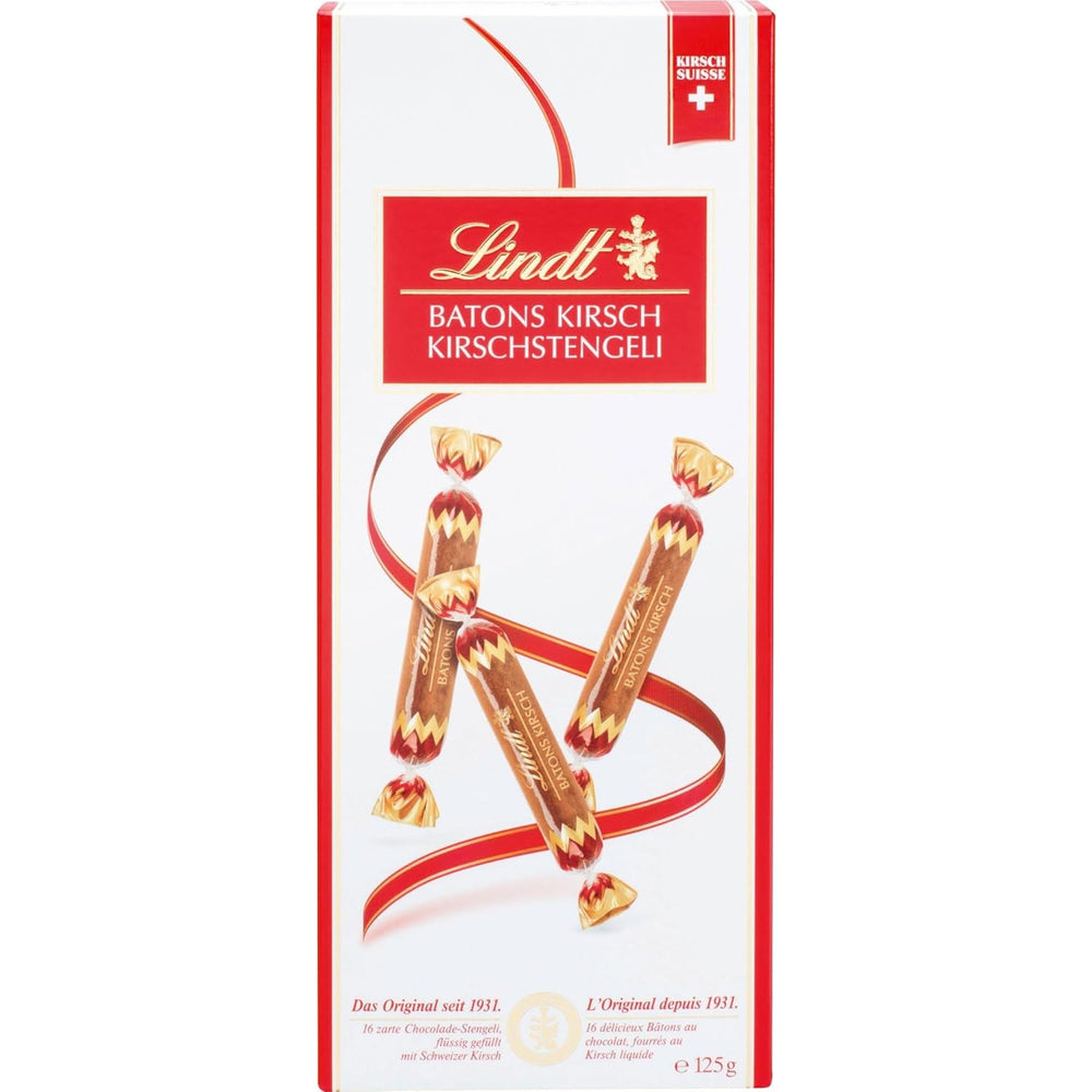 Lindt Schokoriegel mit Kirschstielen | 250 g 32 mit Schweizer Kirsche gefüllte Milchschokoladentafeln | Geschenk von Schokolade mit Alkohol | Schokoladengeschenk