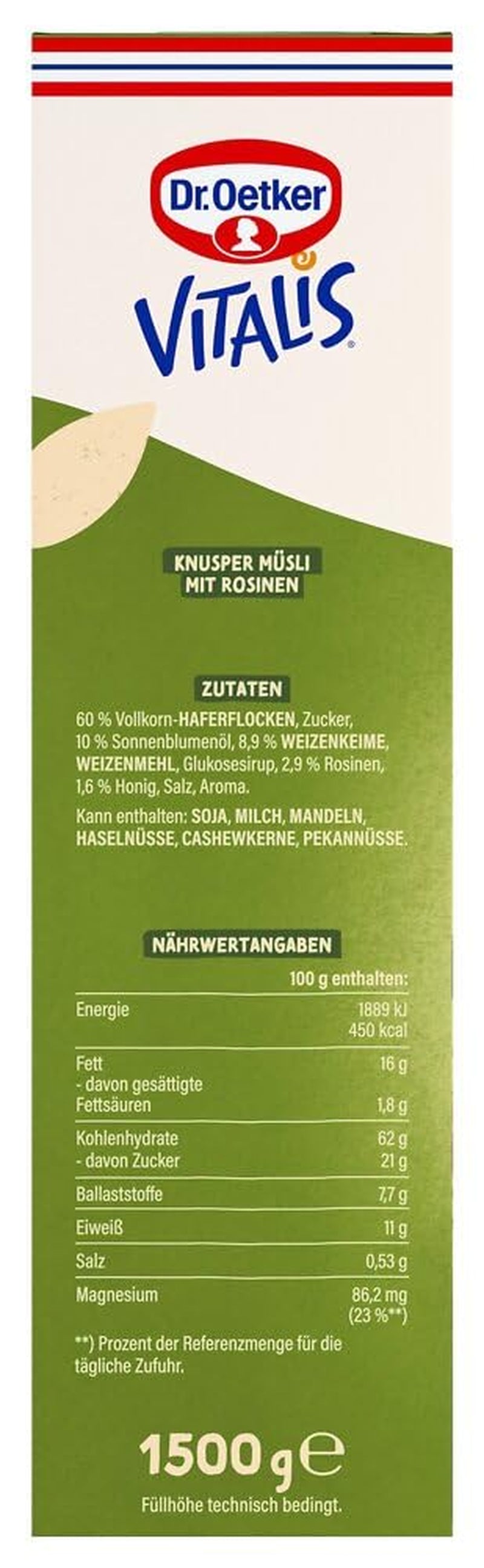 Dr. Oetker Vitalis Classic Knuspermüsli: Großpackung knuspriges Frühstücksmüsli mit Rosinen, 1 Packung, 1,5 kg