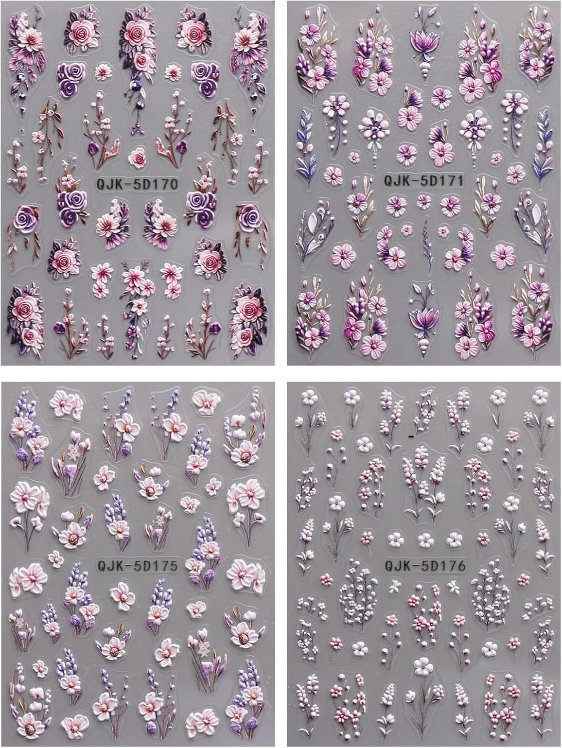JMEOWIO 3D Nagelsticker Blumen Nail Art Sticker Selbstklebend Nagelaufkleber 5D Stereoskopisch Frühling Sommer Dekoration Nageldesign Zubehör 4 Blatt