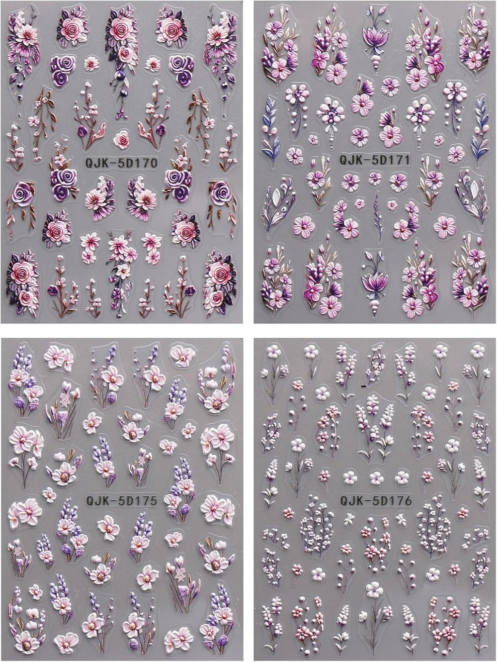 JMEOWIO 3D Nagelsticker Blumen Nail Art Sticker Selbstklebend Nagelaufkleber 5D Stereoskopisch Frühling Sommer Dekoration Nageldesign Zubehör 4 Blatt