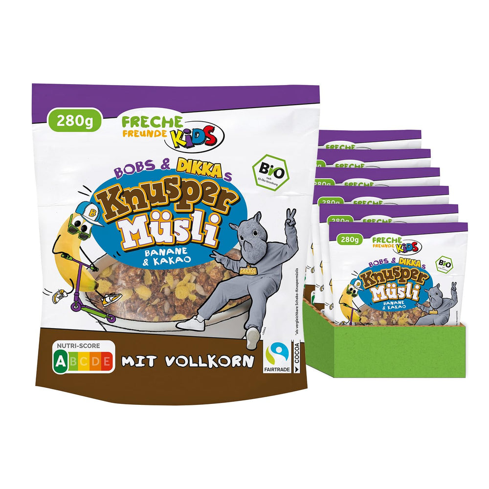 FRECHE FREUNDE KIDS, Bobs & DIKKAs Knuspriges Bananen-Kakao-Müsli, knuspriges Schokoladen-Müsli für Kinder, wenig Zucker, ohne Zusatzstoffe, 100 % vegan, 6 Stück (6 x 280 g)