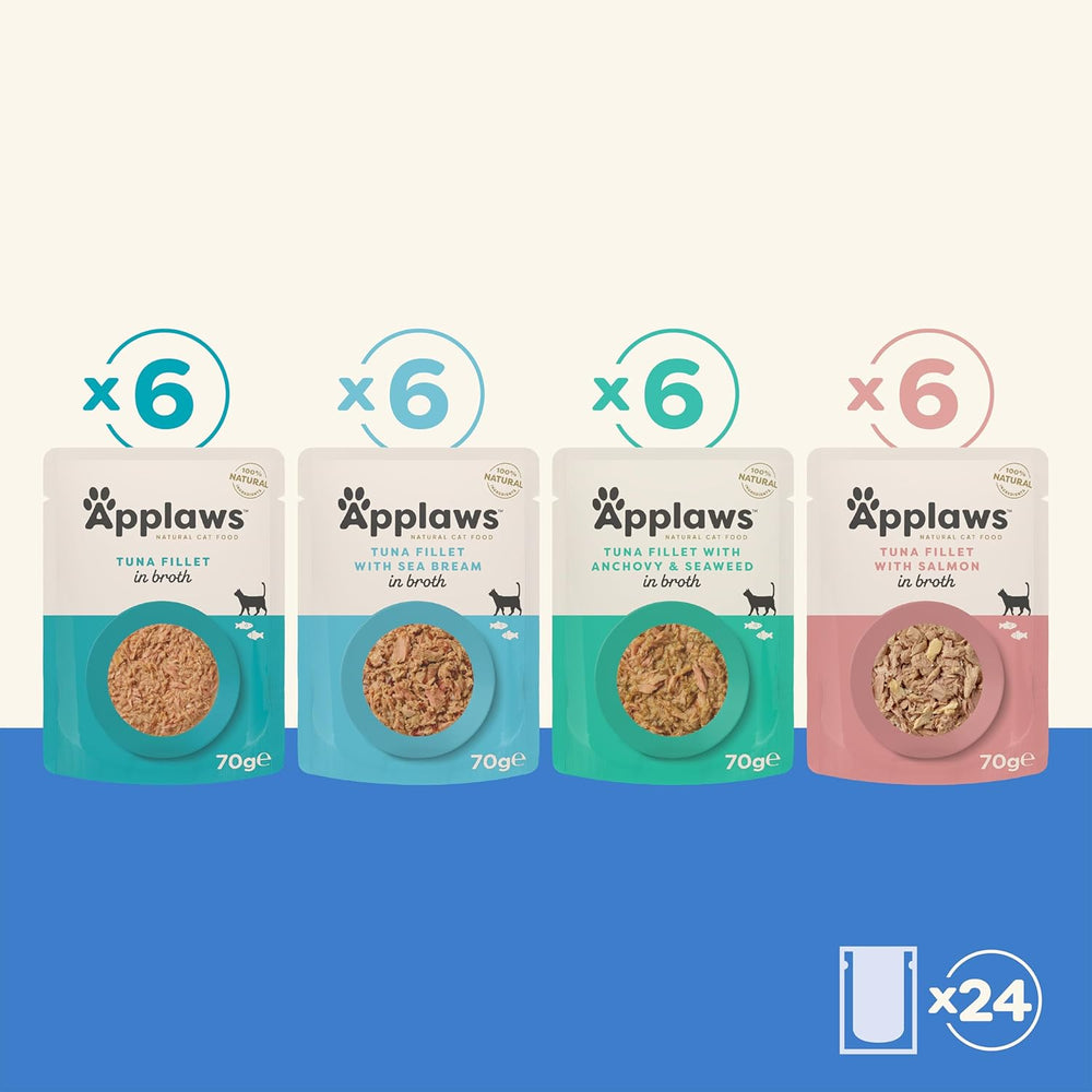 Applaws Hrană umedă pentru pisici 100% naturală, pliculețe cu selecție de pește în bulion - Pachet de 24 pliculețe x 70g