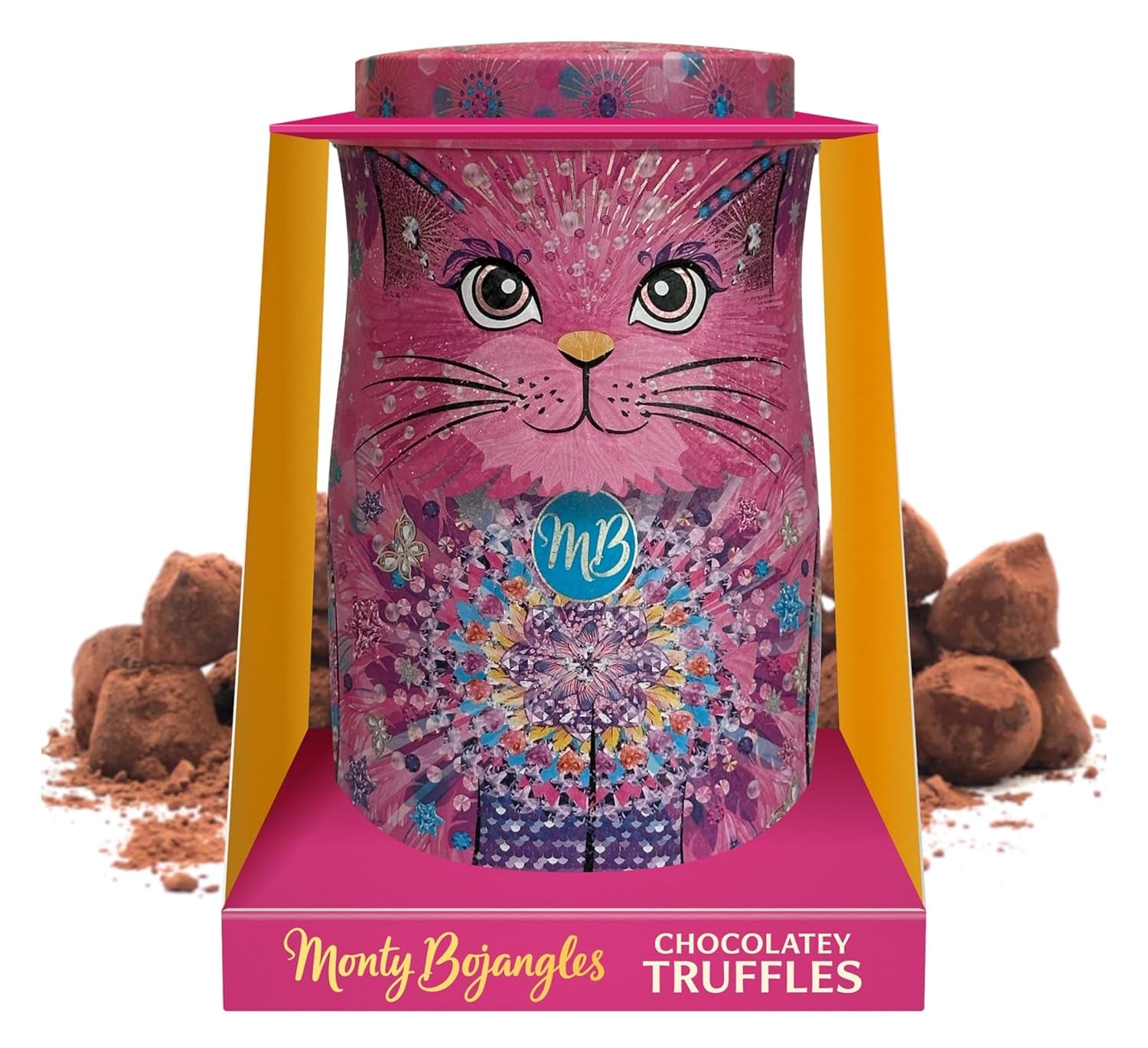Monty Bojangles Savanna Gold Schokoladentrüffel (135 g), Kakaopulver-Pralinen-Geschenkset in einer individuellen Sammlerbox im Katzendesign, Flutter Scotch-Geschmack